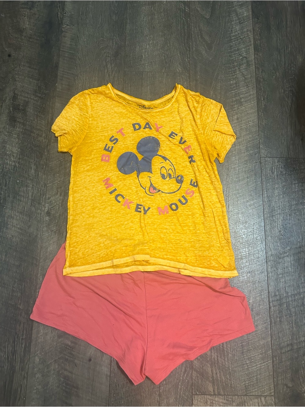 Disney Yellow Mickey Mouse Short Sleeve Pajama Set with Coral Shorts